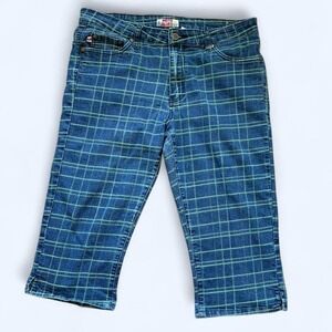 Moto Blues Blue Green Grid Plaid Cropped Capri Denim Jeans 14 Y2K Style